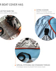 Knots12 Zoom8 dinghy top cover has: 1. Reflective name tag - to ensure visibility and personality. 2. Special stitchings (ISO standard thread) - in strategic palaces prevent from excess water. 3. Extra cushion - added on strategic places and corners to protect the boat.