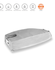 Knots12 high quality Optimist dinghy bottom cover light silver. Material polyester. Colour: silver/light blue, orange welt. Reflective name tags. UV protection. EAN/GTIN code 4744422010037, made in Estonia/EU.