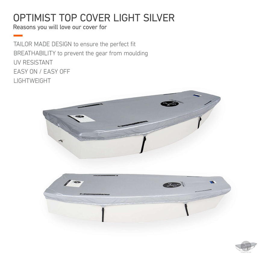 Knots12 Optimist dinghy top cover light silver. Reasons you will love our cover for: Tailor made design to ensure the perfect fit. Breathability to prevent the gear from moulding. UV resistant. Easy on, easy off. Lightweight. 