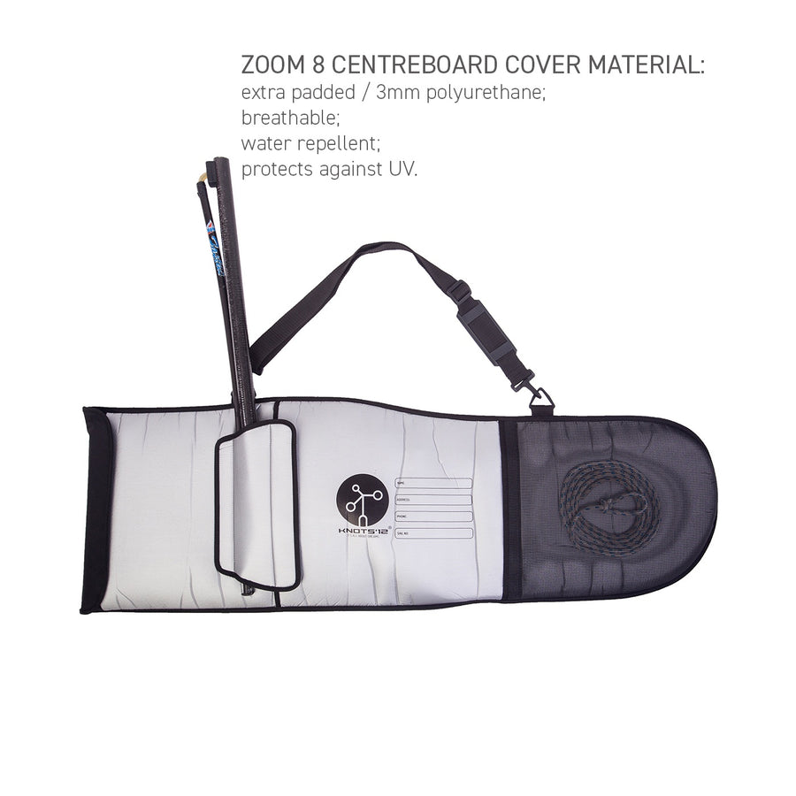 Knots12 Zoom8 rudder bag cover material: extra padded (3mm polyurethane), breathable, water repellent, protects against UV. Resistable. View from front side.